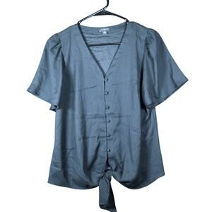 Ann Taylor Womens Blouse Black Petite V Neck Short Sleeve Front Tie PS